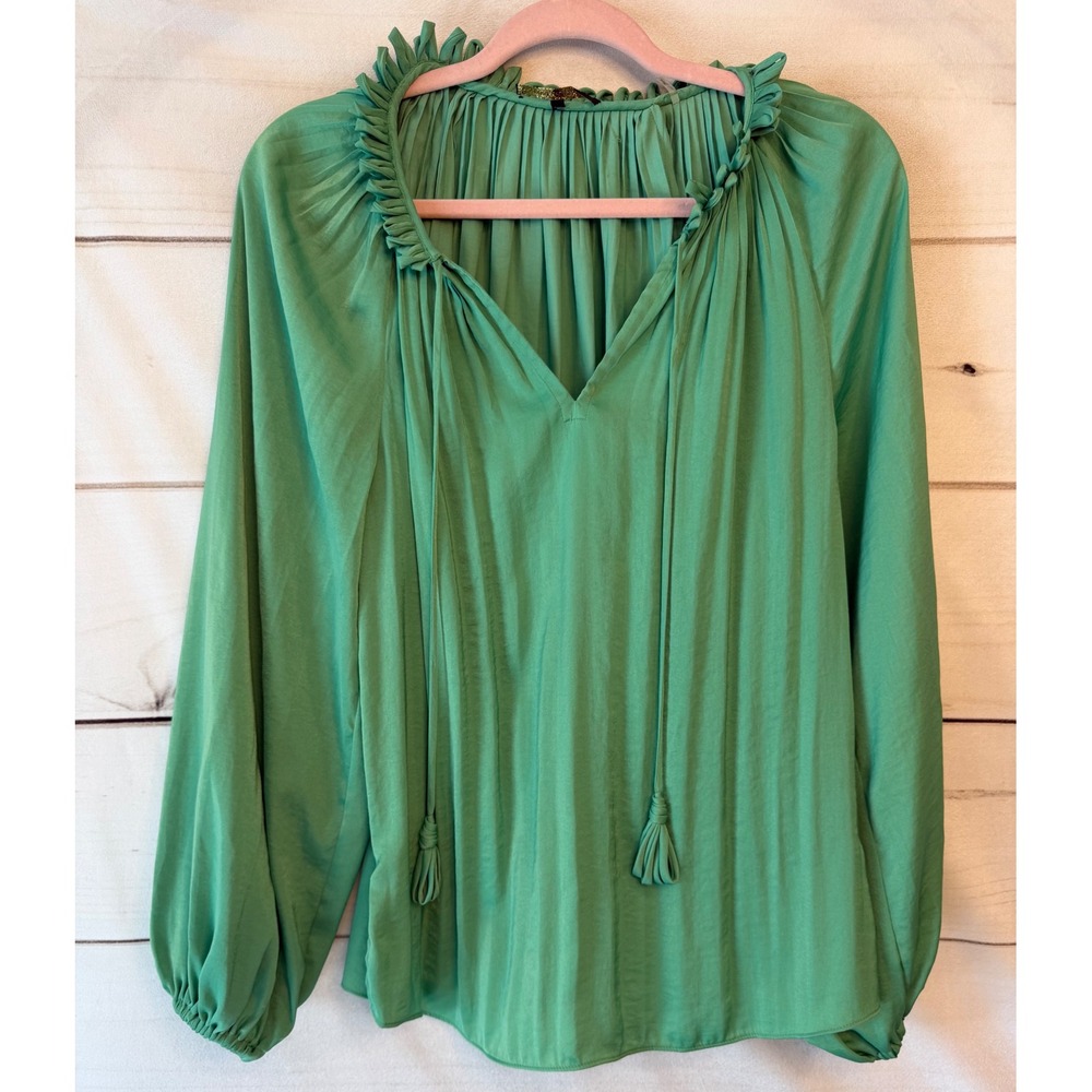 Kobi Halperin Green Pleated Ruffle Neck Tassel Blouse KP2B34 XS